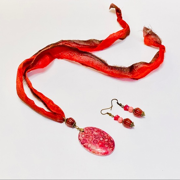 Agatized Coral Jade Rhodonite Necklace & Earrings - Picture 8 of 13